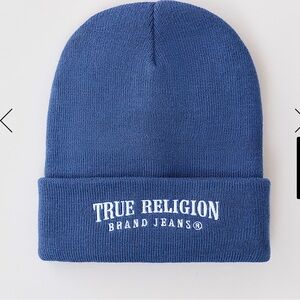 True Religion Arched Logo Beanie Blue Ribbed Knit 100% Cotton NWT